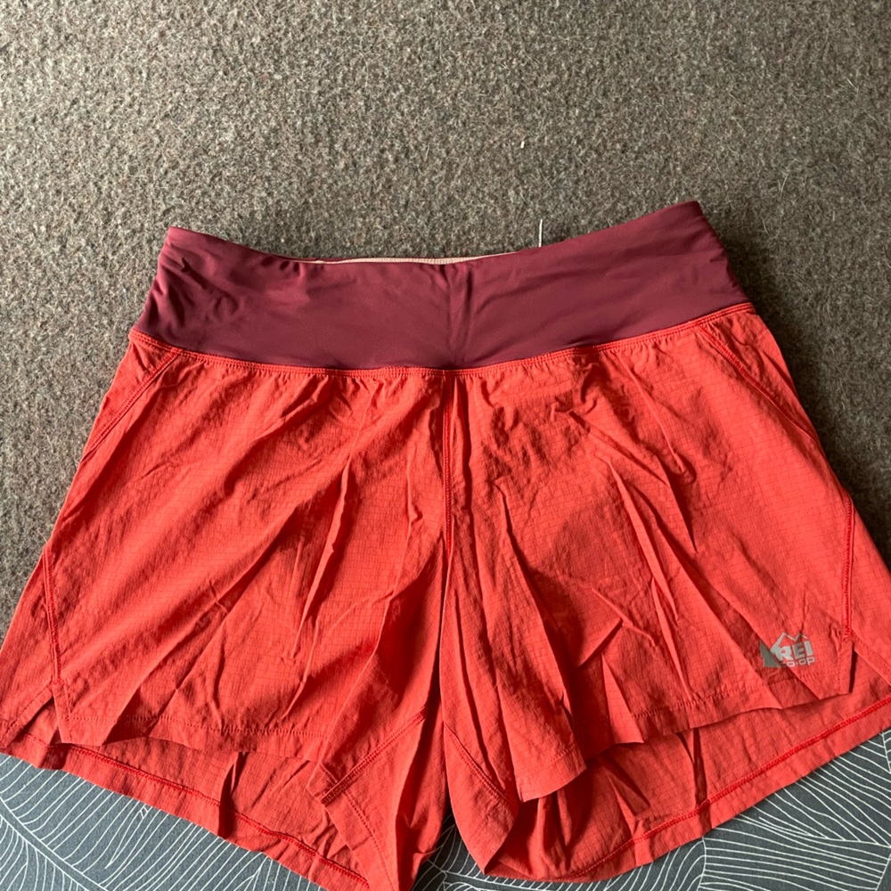 REI Tan and Burgundy Athletic Shorts